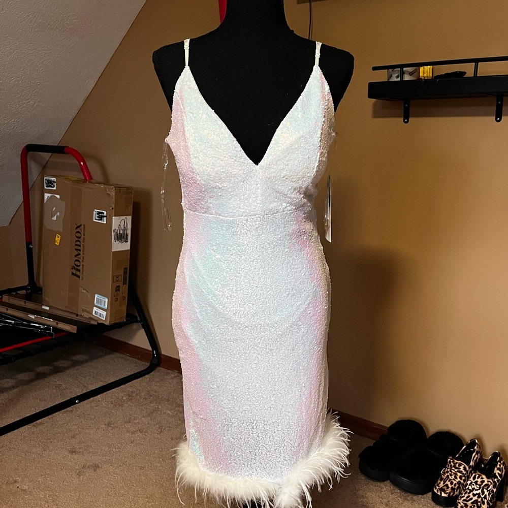 Honey and Rosie, white iridescent sequence, fitted mini dress w/ feather trim